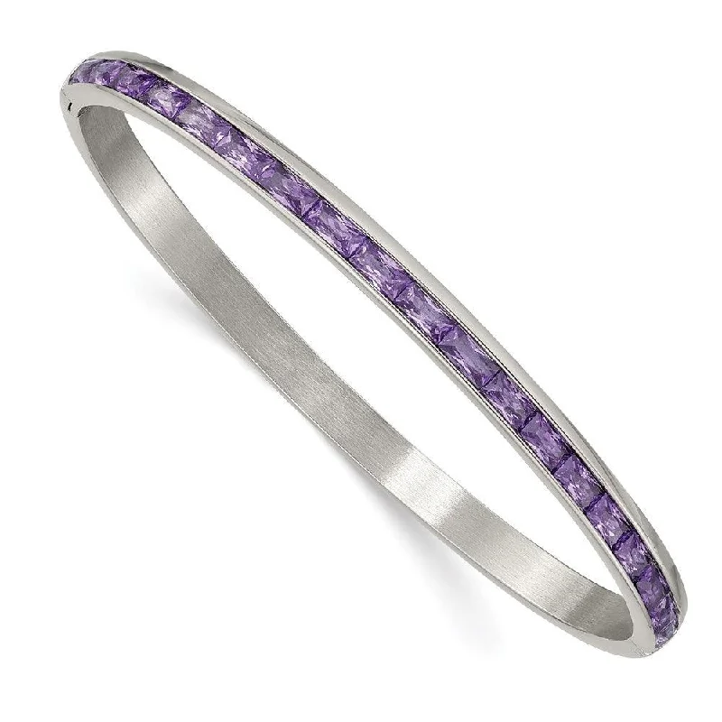 Ladies gold-plated bracelets-Stainless Steel Polished with Purple CZ 5.00mm Hinged Bangle