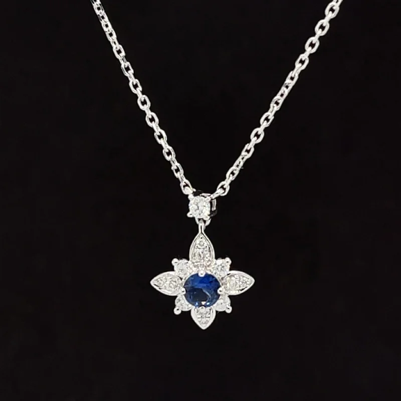 Ladies luxury gold necklaces-Blue Sapphire & Diamond 0.36ctw Flower Cluster Pendant Necklace in 18k White Gold - #324 - NLSAP014774