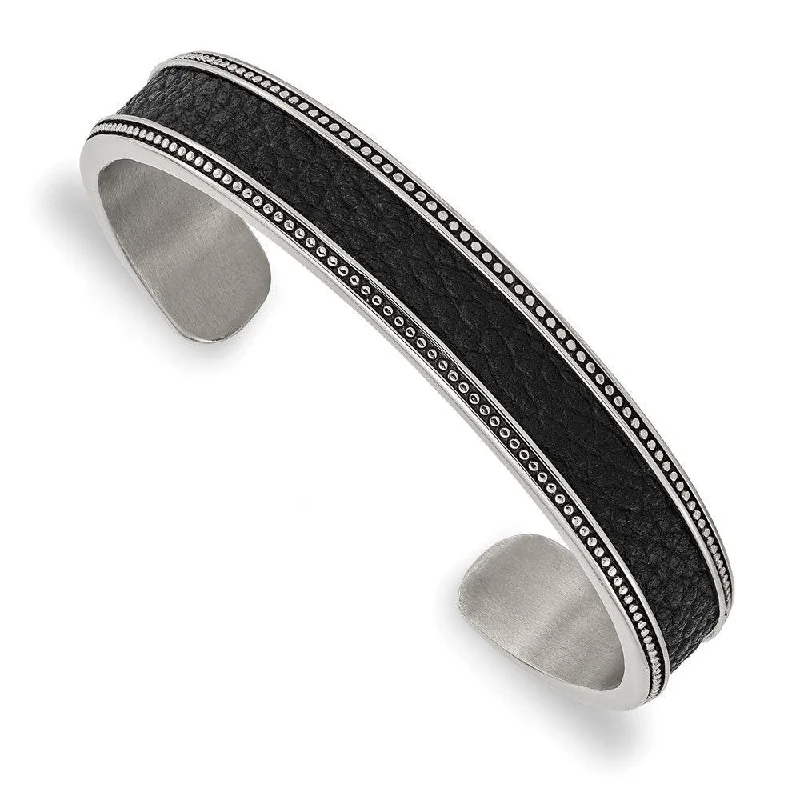 Ladies cuff bracelets-Stainless Steel Antiqued & Polished w/Textured Leather Inlay 12mm Bangle