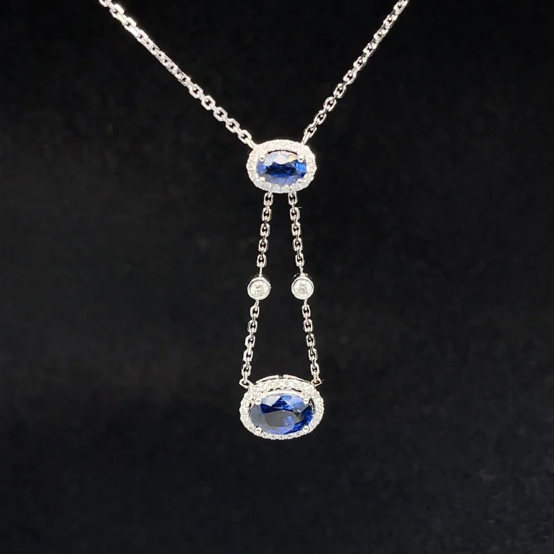 Ladies custom pendant necklaces-Sapphire & Diamond Trapeze Y-Necklace in 18k White Gold - (#114-NLSAP013448)