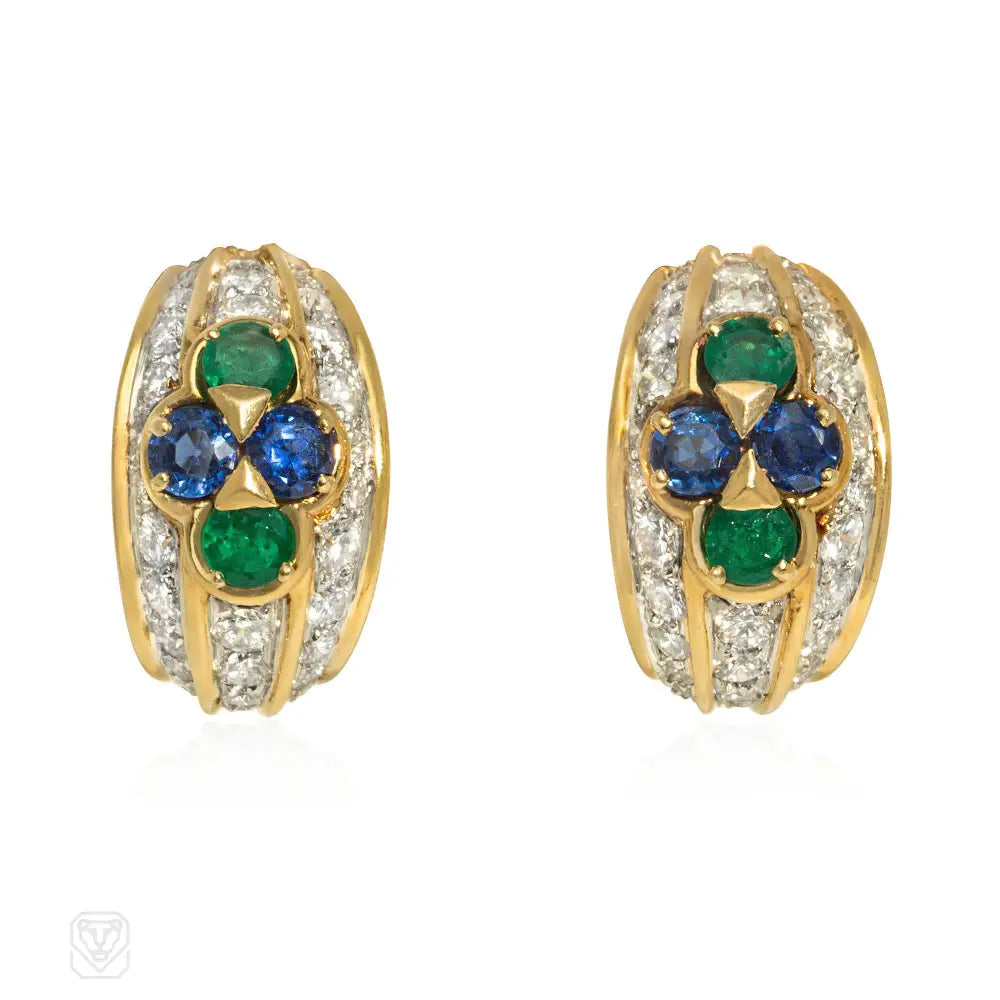 Ladies vintage stud earrings-Van Cleef & Arpels diamond emerald and sapphire earrings