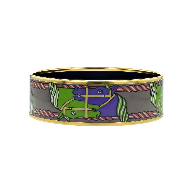 Ladies braided bangles-Hermes Wide Green and Purple Enamel Equestrian Bangle