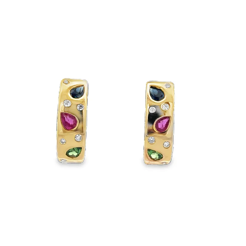 Ladies minimalist stud earrings-Sapphire, Tsavorite Garnet, and Diamond Huggie Earrings in Yellow Gold