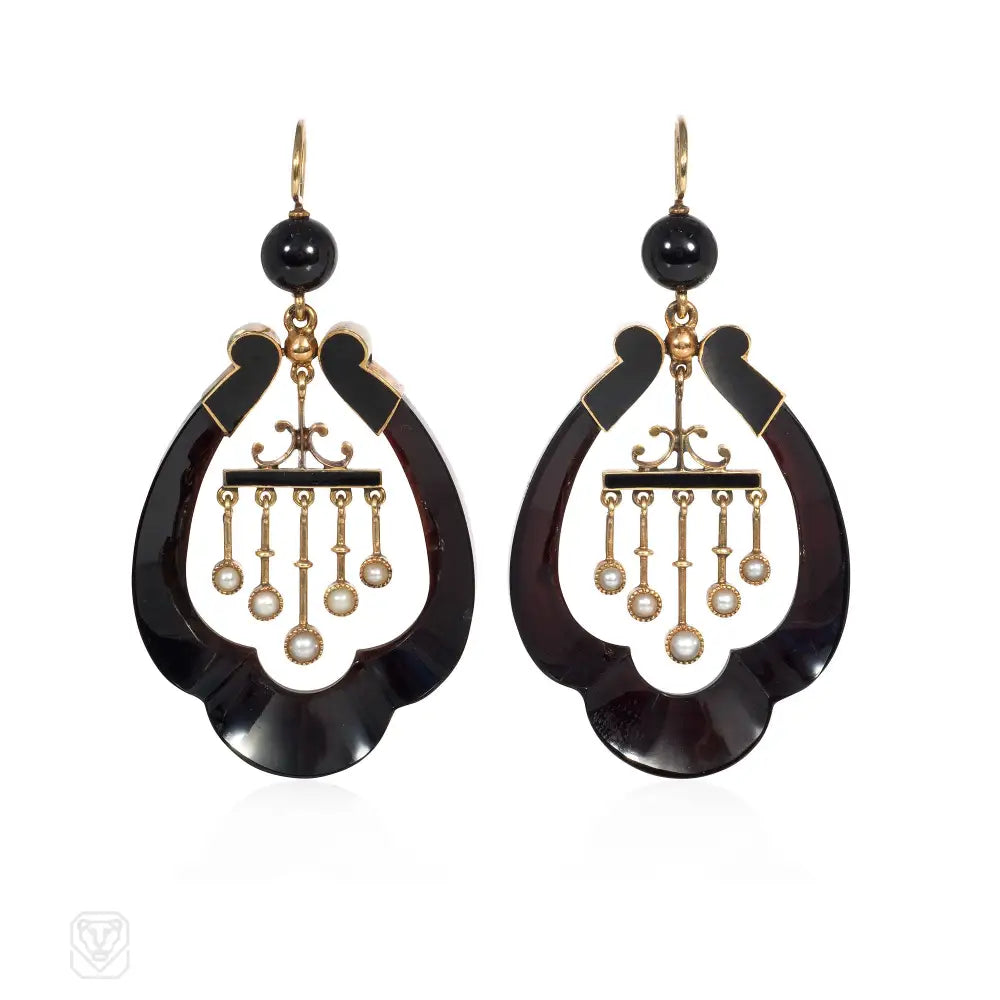 Ladies fine gold earrings-Antique onyx and pearl fringe pendant earrings