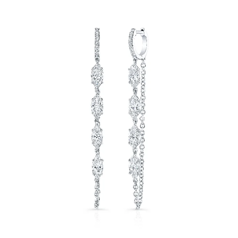 Ladies antique earrings-Marquise Diamond Huggie Chain Drop Earrings in 18kt White Gold