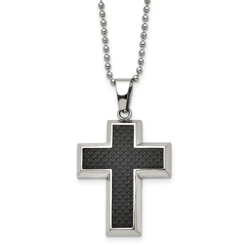 Ladies multi-chain necklaces-Titanium Polished w/Black Carbon Fiber Inlay Cross 22in Necklace