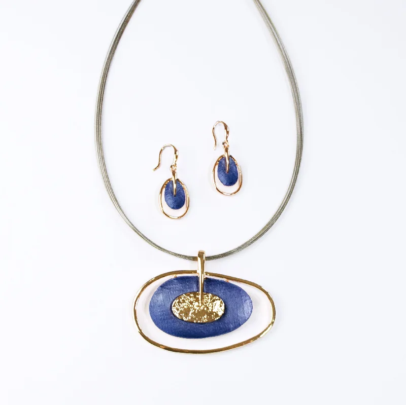 Ladies modern geometric necklaces-Boho Style Double Oval Necklace and Earring Set, Rose Gold & Blue