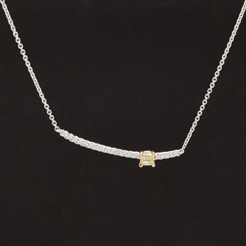 Ladies monogrammed necklaces-Diamond White & Fancy Yellow Bar Pendant Layer Necklace in 14k Two-Tone Gold - #252 JN0022GPB