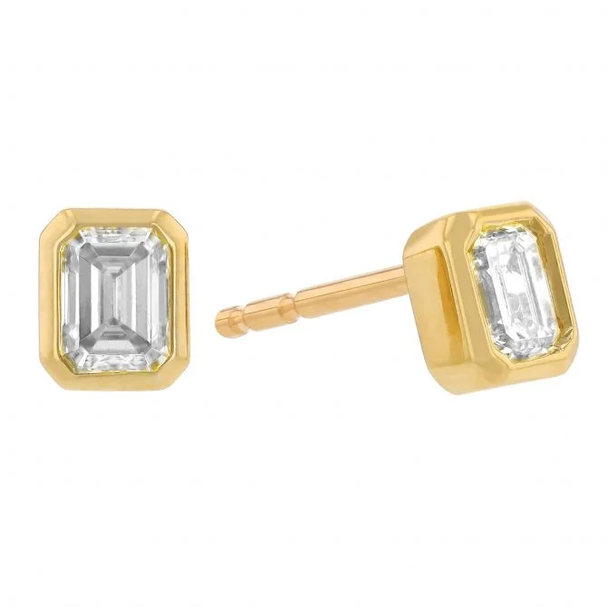 Ladies geometric earrings-Emerald Cut Diamond Bezel Set Stud Earrings in Yellow Gold