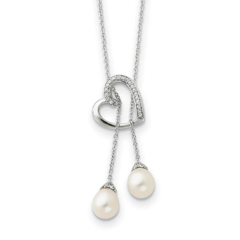 Ladies custom necklaces-Pearl and Cubic Zirconia Heart 18-inch Necklace in Sterling Silver