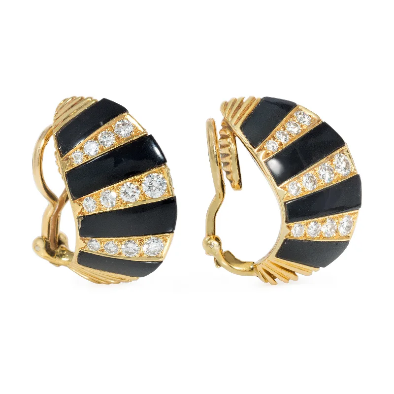 Ladies antique earrings-Striped onyx, diamond and gold earrings