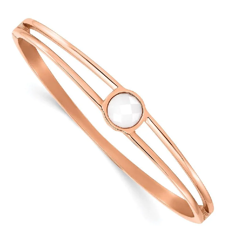 Ladies bangle bracelets-Stainless Steel Polished Rose IP-plated with White Crystal Hinged Bangle