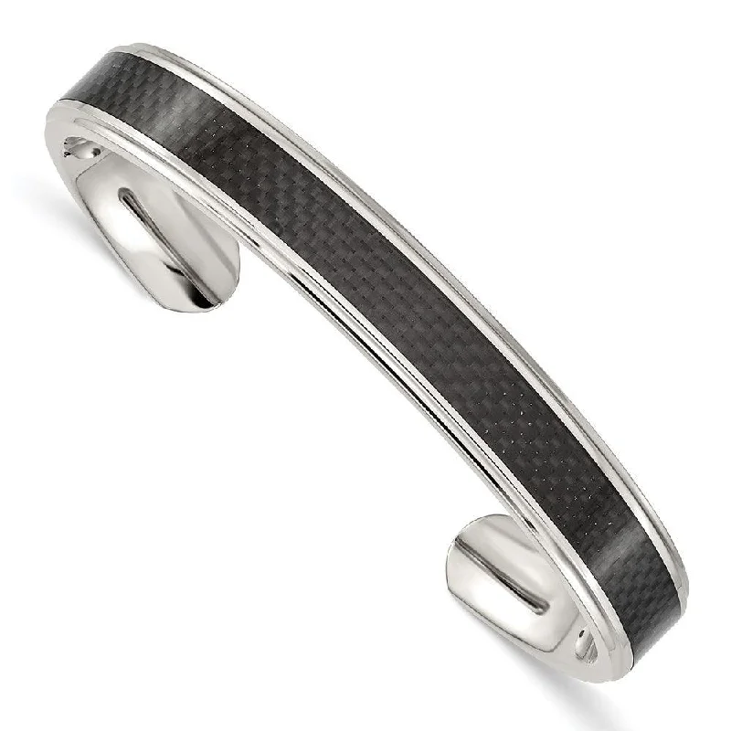 Ladies friendship bracelets-Stainless Steel Polished Black Carbon Fiber Inlay Bangle