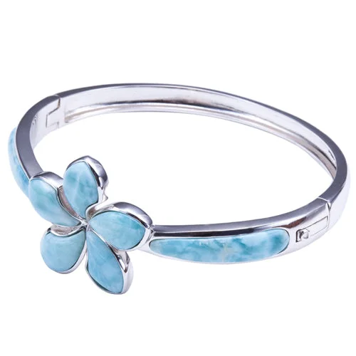 Ladies leather bracelets-Sterling Silver Larimar Bangle 26mm Plumeria in the Center