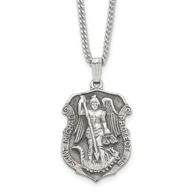 Ladies gemstone necklaces-24in Rhodium-plated Kelly Waters St. Michael Medal Necklace