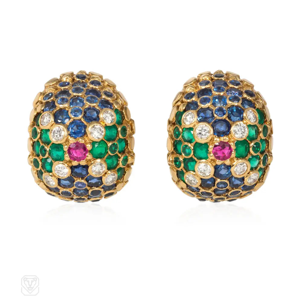 Ladies gold leaf earrings-French Mid-century bombé gold and multigem earrings