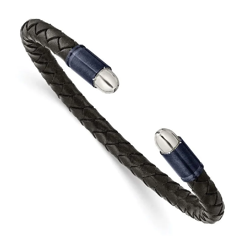 Ladies adjustable bracelets-Stainless Steel Brushed & Polished Dark Grey IP Blk Leather Flexible Bangle