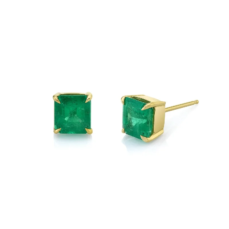 Ladies opal earrings-Emerald Cut Colombian Emerald Studs