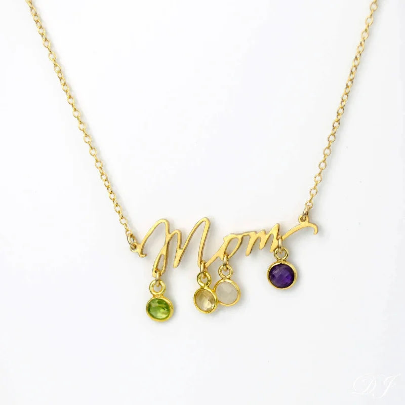 Ladies gold heart necklaces-Mom Word Necklace with Tiny Kid's Birthstone Pendants