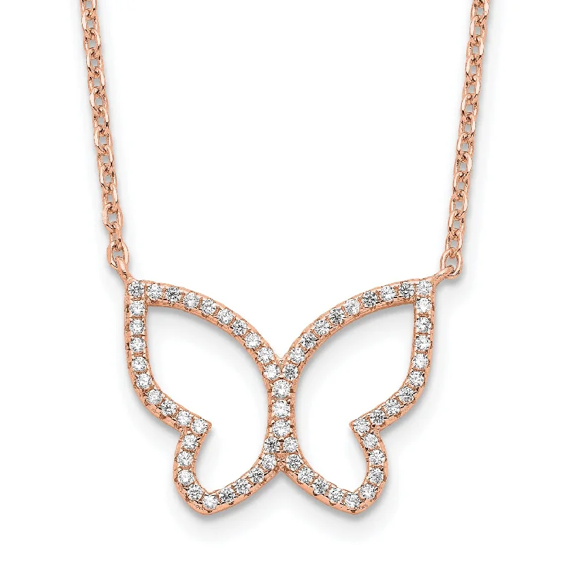 Ladies vintage-inspired necklaces-Rose Gold Plated Sterling Silver Cubic Zirconia 16-inch 1MM Butterfly Necklace