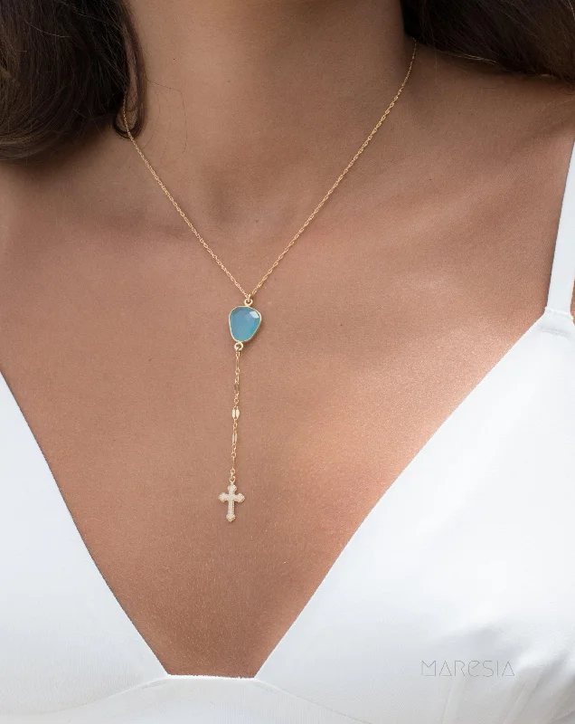 Ladies beaded necklaces-Y necklace Blue Chalcedony Cross ~ Gold Filled ~MN019