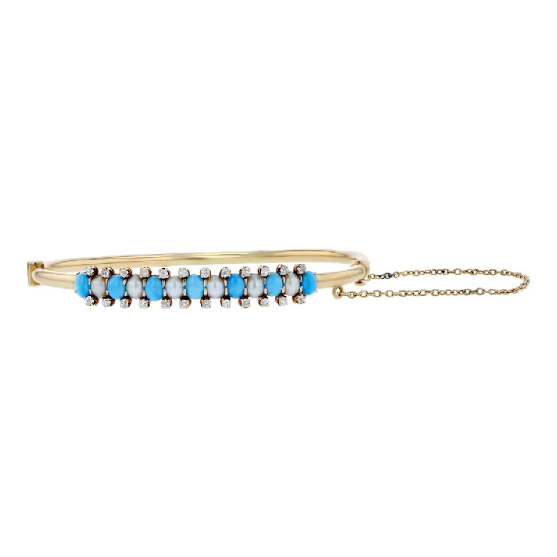 Ladies gold tennis bracelets-Mid-century Turquoise, Pearl and Diamond Bangle