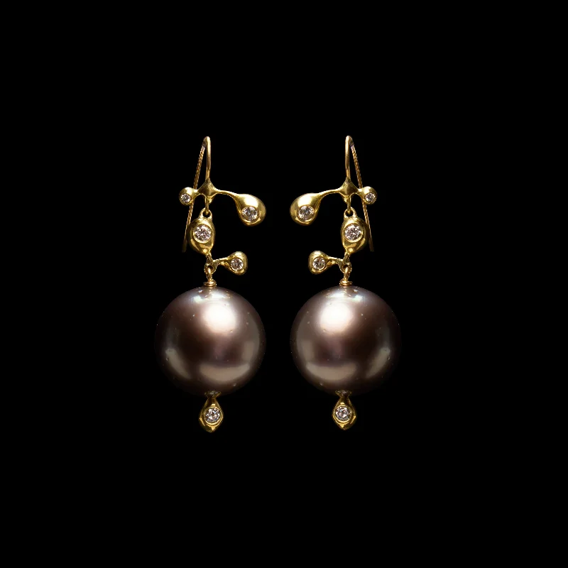 Ladies flower earrings-Molten Diamond  Tahitian Pearl Earring