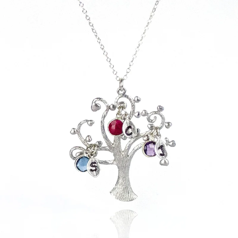 Ladies crystal chain necklaces-Family Swirly Tree Necklace with Kids Birthstones & Initials