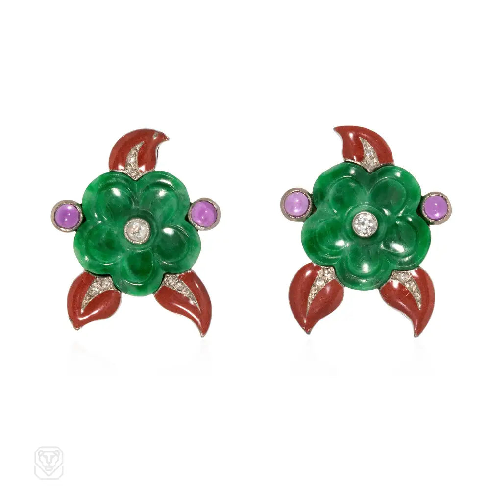 Ladies boho earrings-Cartier Art Deco jade, amethyst, diamond, and enamel flower earrings