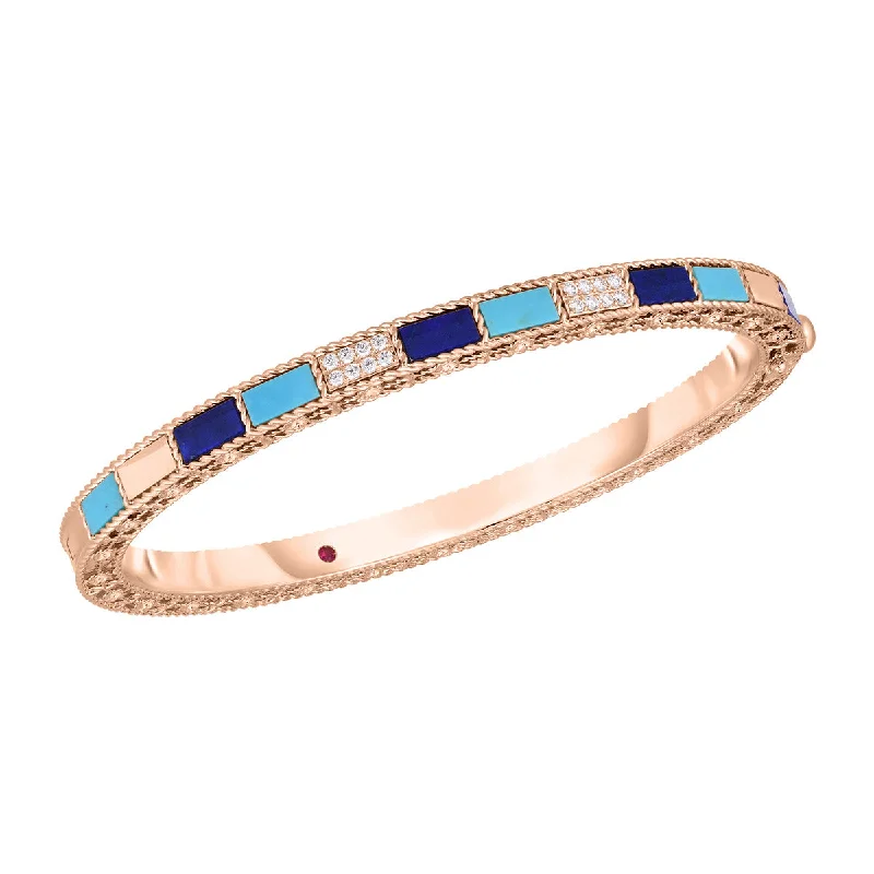 Ladies diamond cuff bracelets-18K Rose Gold Mosaic Alternating Blue Lapis, Diamond and Turquoise Bangle