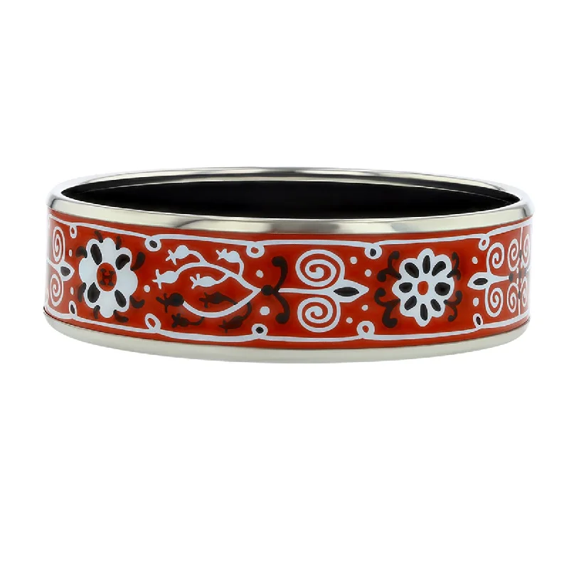 Ladies casual bracelets-Hermes Red Enamel Bangle with Red, Black and White Floral Design