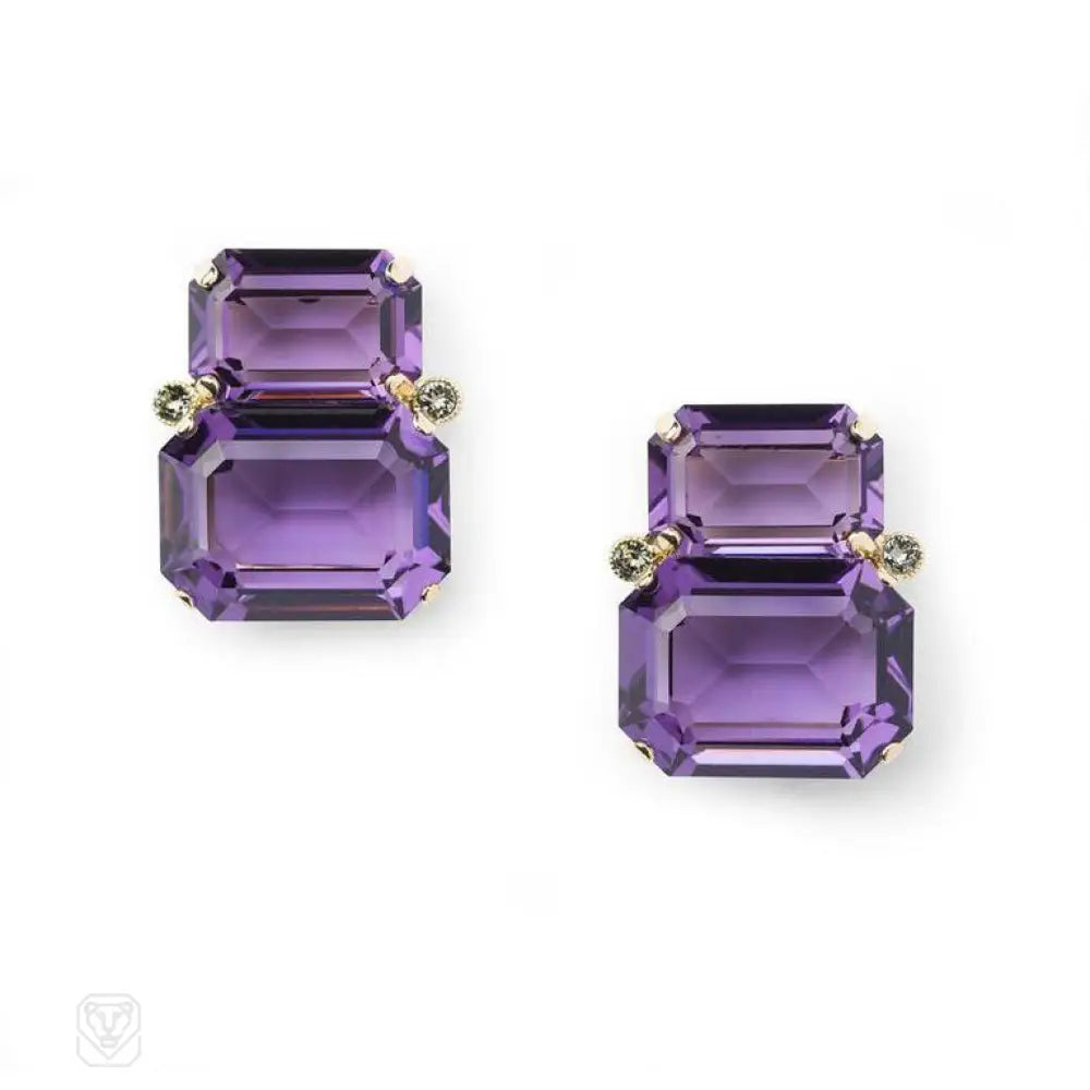 Ladies white gold earrings-2-stone vintage Swarovski amethyst crystal earrings