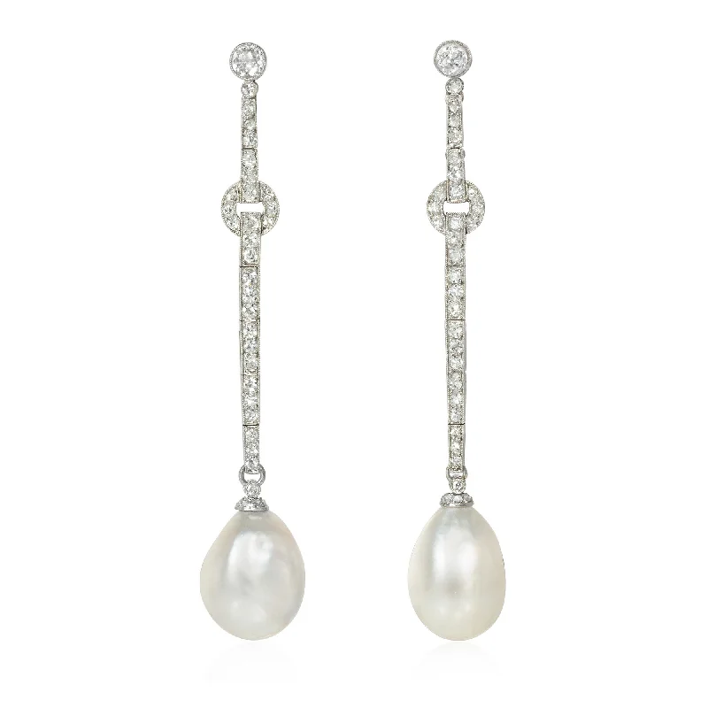 Ladies flower earrings-French Art Deco natural pearl and diamond pendant earrings