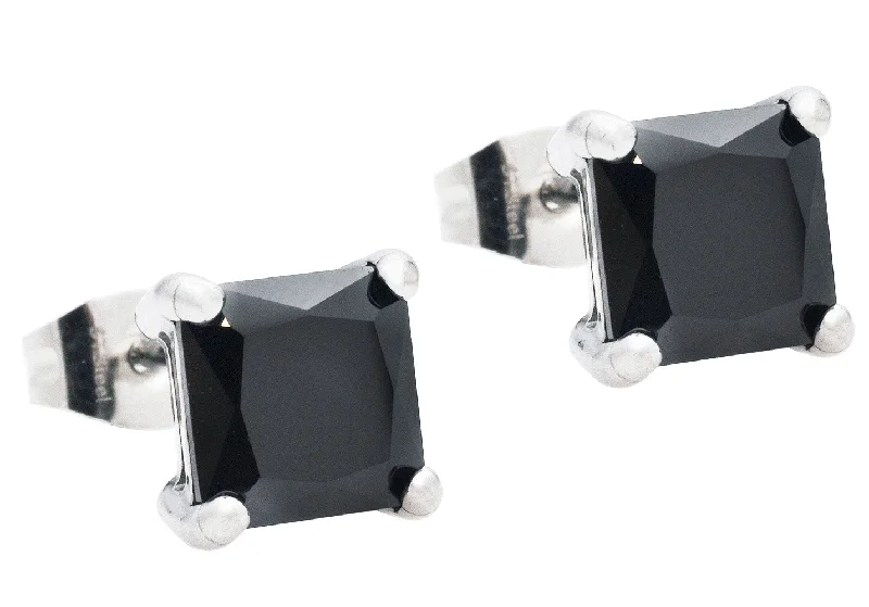 Ladies custom earrings-Mens 7mm Black Cubic Zirconia Stainless Steel Square Stud Earrings