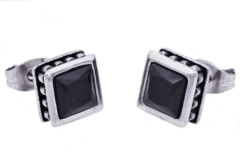 Ladies personalized earrings-Mens 13mm Stainless Steel Stud Earrings With Black Cubic Zirconia