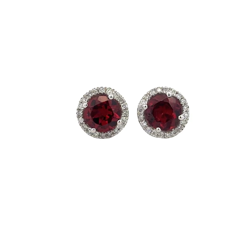 Ladies double drop earrings-Garnet and Diamond Stud Earrings in White Gold