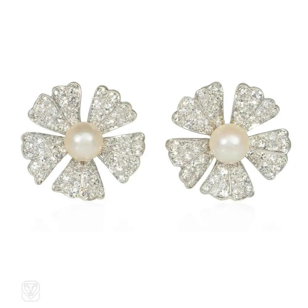 Ladies bold earrings-Ostier pearl and diamond flower earrings