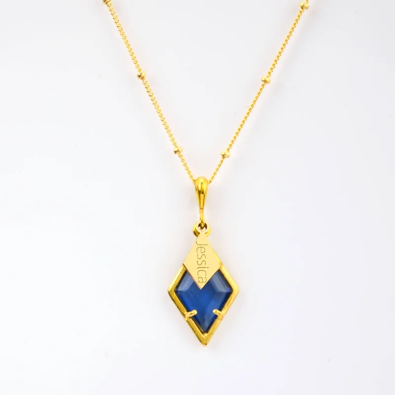 Ladies anniversary necklaces-Diamond Shaped Birthstone and Name Necklace : September Kyanite