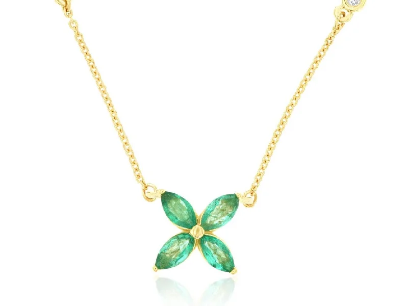 Ladies gemstone necklaces-14K Yellow Emerald & Diamond Flower Necklace