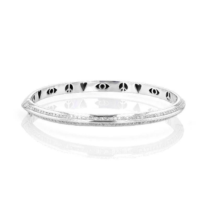 Ladies silver bangles-Knife Edge Silver & Diamond Hinged Bangle with Icon Gallery : B0003611