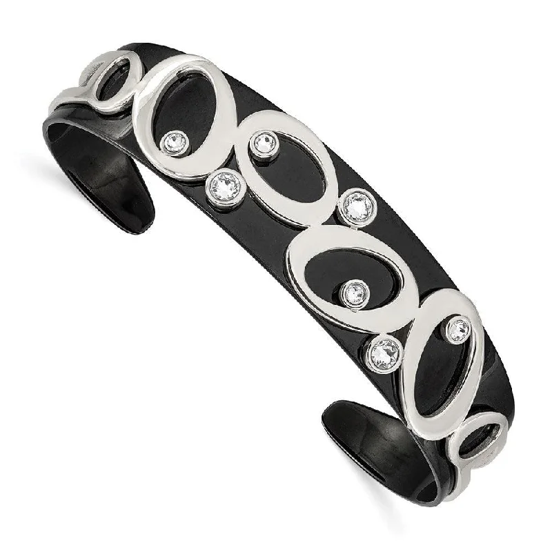 Ladies modern bracelets-Stainless Steel Polished Black IP w/Swarovski Crystal 15.00mm Bangle