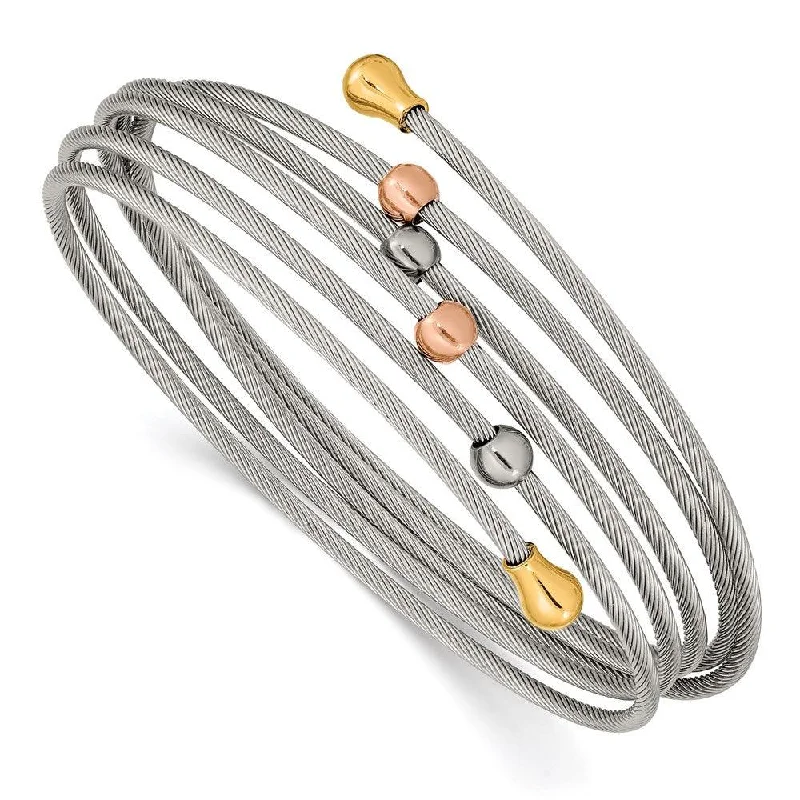 Ladies modern bracelets-Stainless Steel Polished Rose and Yellow IP-plated Flexible Coil Bangle