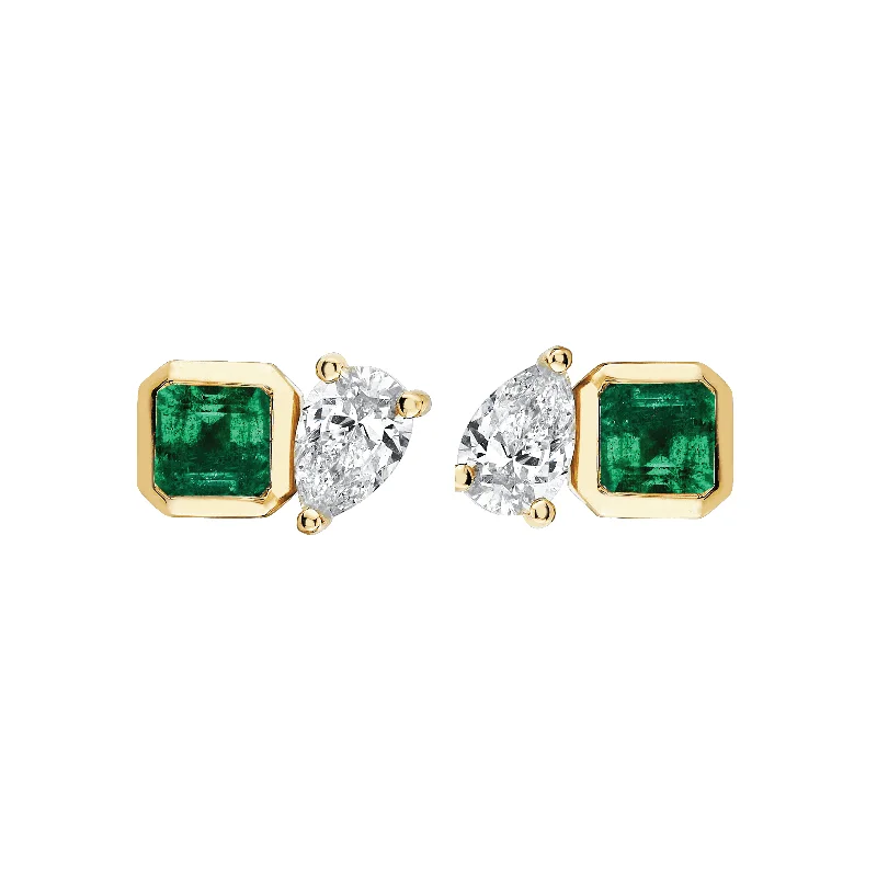 Ladies precious stone earrings-Lovers Duet Emerald & Diamond Studs