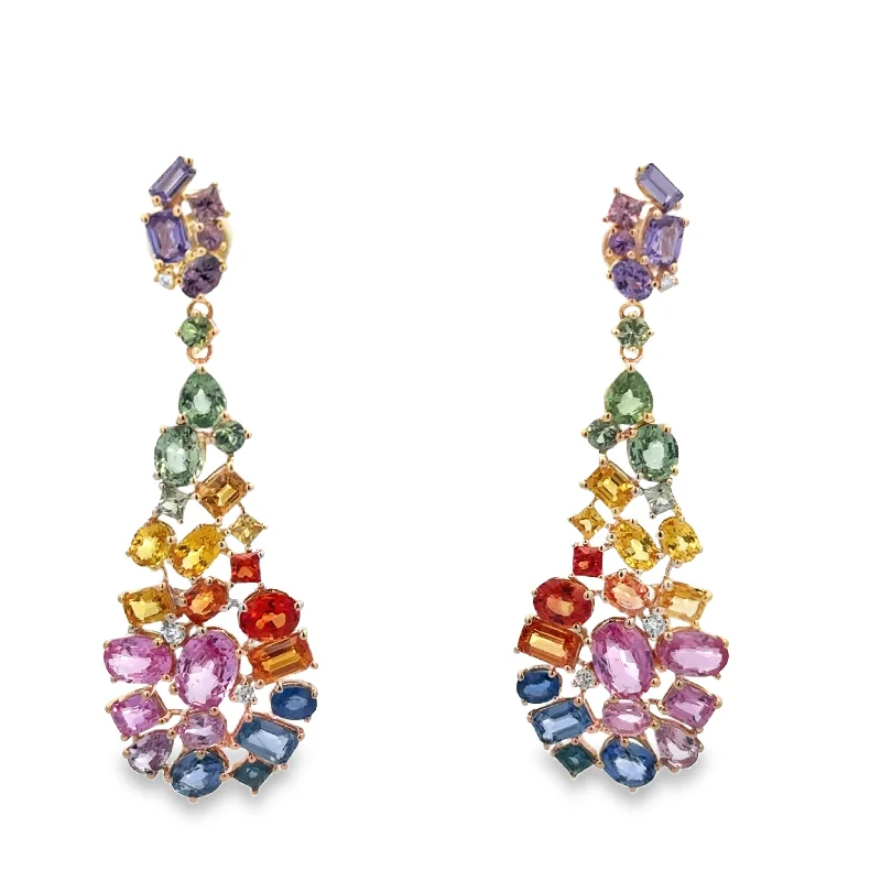 Ladies gold drop earrings-Statement Multicolored Sapphire and Diamond Earrings in Yellow Gold