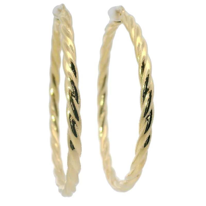 Ladies statement earrings-18K YELLOW DESIGNER GOLD MEDIUM TWISTED HOOP EARRINGS