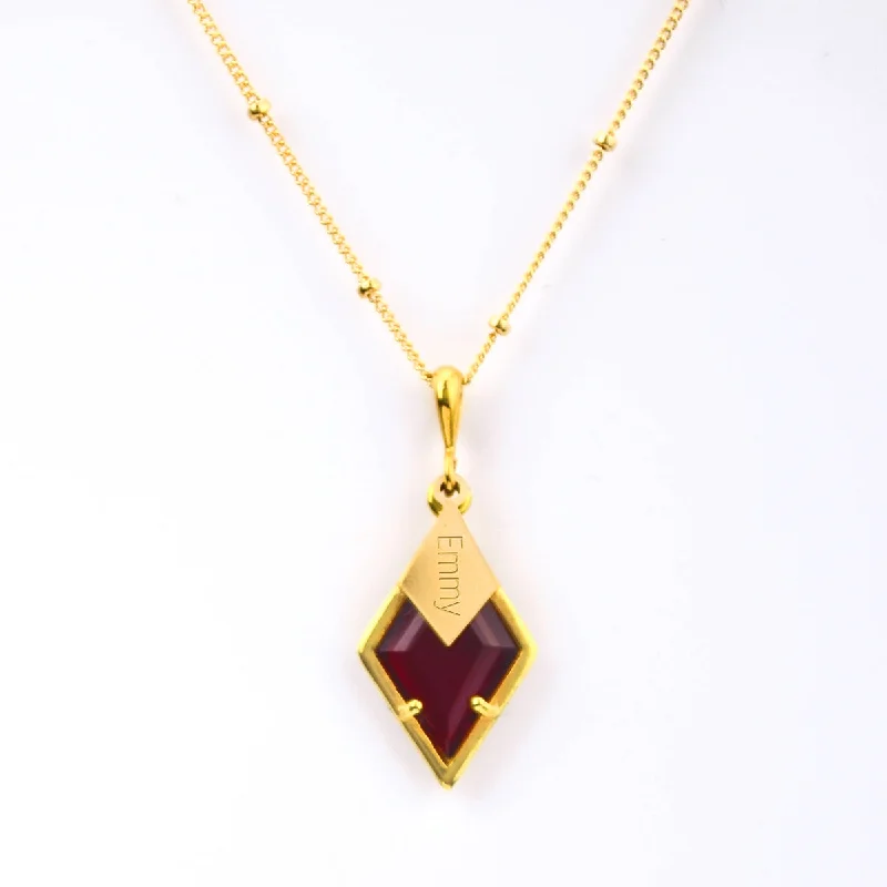 Ladies custom name necklaces-Diamond Shaped Birthstone and Name Necklace : January Garnet Quartz