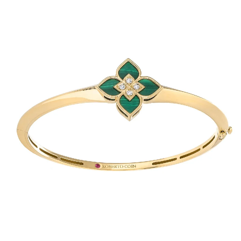 Ladies engraved bangles-18K Yellow Gold Flower Bangle with Malachite and Diamonds