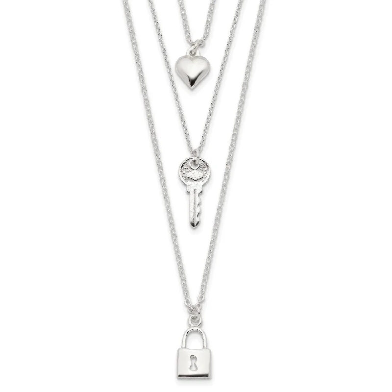 Ladies luxury diamond necklaces-Sterling Silver 16-inch Heart Key Multi-Strand Necklace