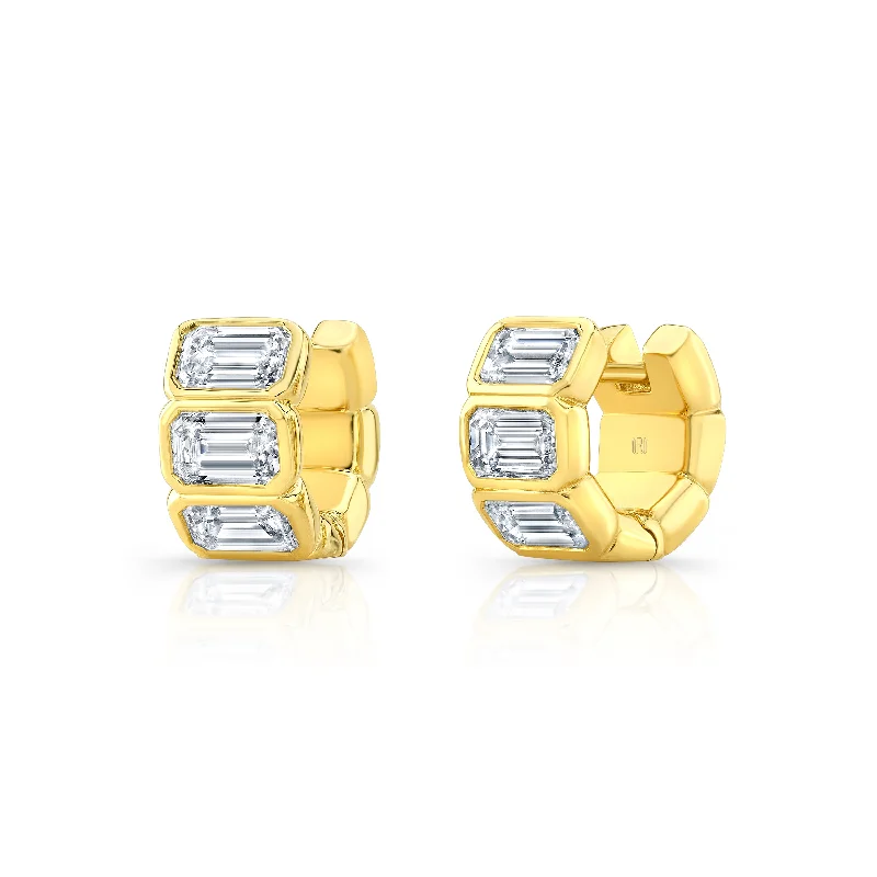 Ladies cubic zirconia earrings-Emerald-Cut Diamond Bezel Huggie Earrings in 18kt Yellow Gold