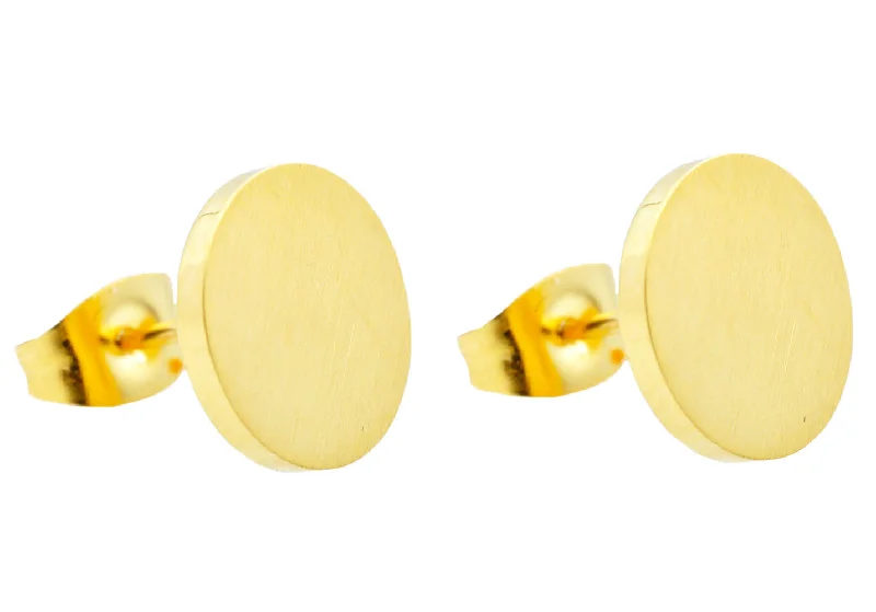 Ladies statement gemstone earrings-Men's 10mm Gold Stainless Steel Round Stud Earrings